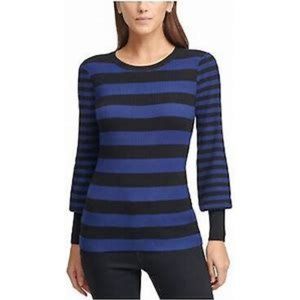 NWT DKNY Womens Black And Blue Striped Balloon Sleeve Scoop Neck Sweater XS